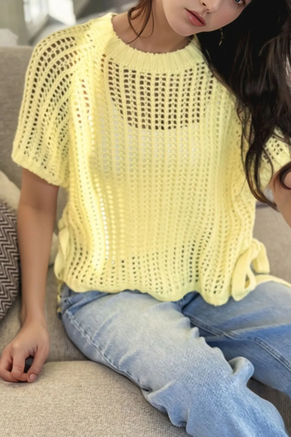 Hollow-out Crochet Side Tied Short Sleeve Knit Cover Up, image 11