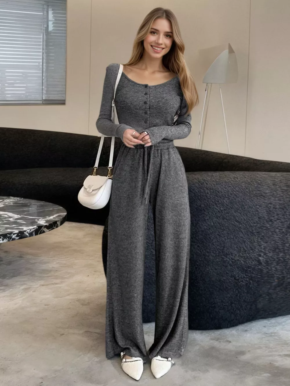 Casual Knit Long Sleeve Top and Wide Leg Pants Set, image 6