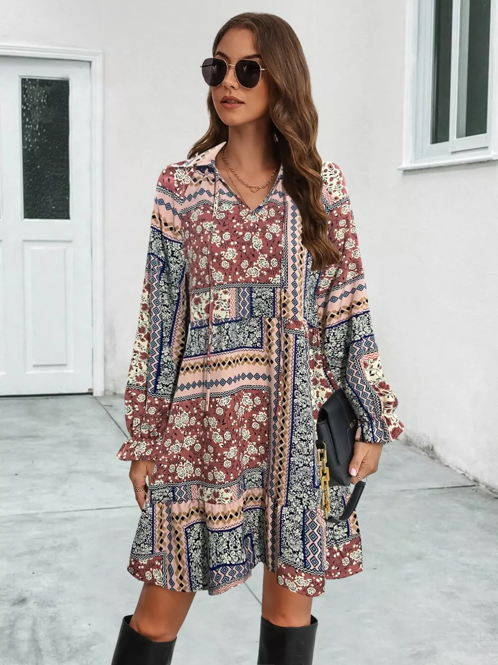 Boho Floral Print Long Sleeve Mini Dress, image 8