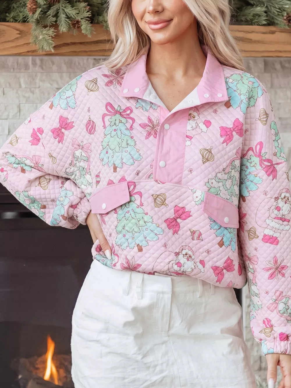 Christmas Print Collar Half Button Loose Sweatshirt