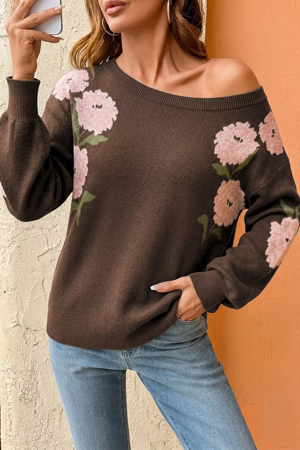 Floral Print Drop Shoulder Relaxed Sweater, image 2