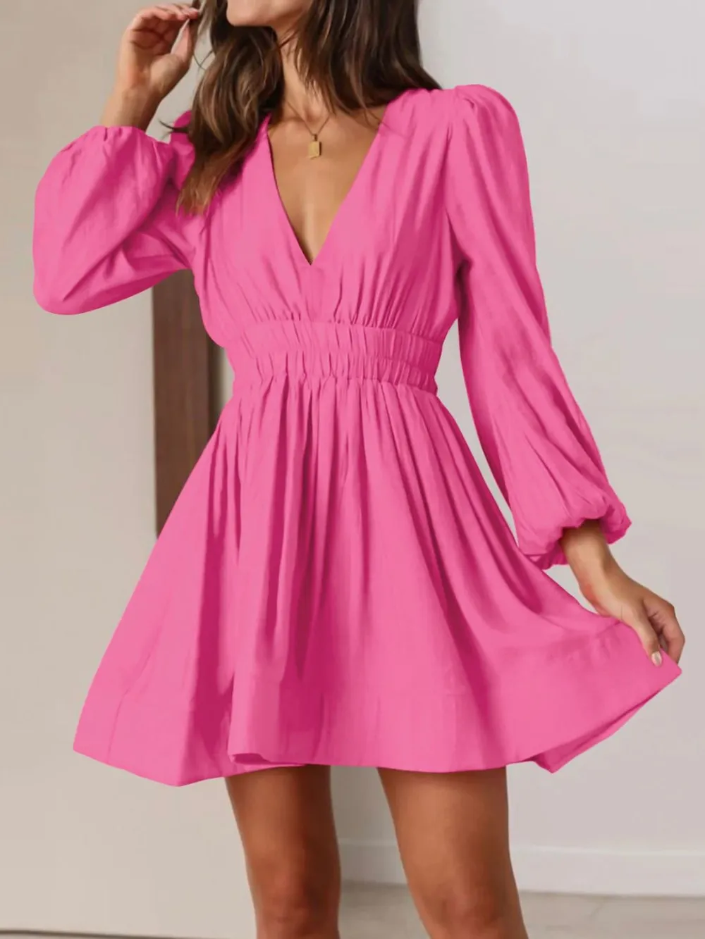 Ruched V-Neck Balloon Sleeve Mini Dress, image 16