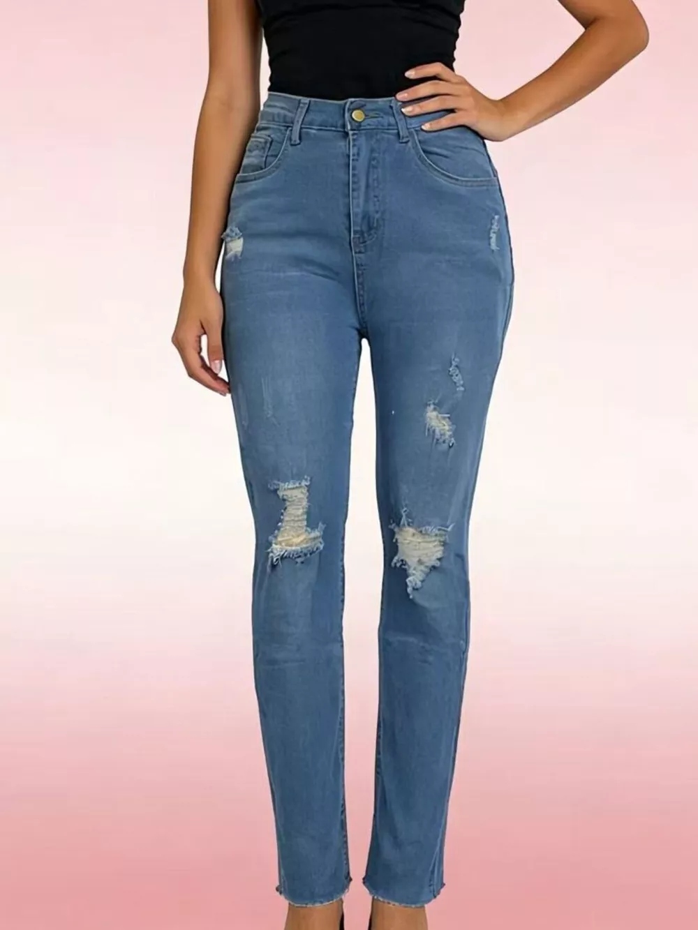 High-Waisted Distressed Jeans, image 2