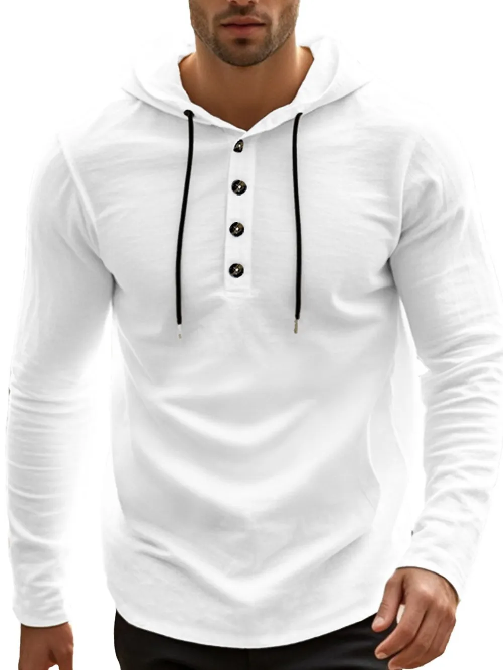 Men's Full Size Drawstring Button Detail Long Sleeve Hoodie Plus Size, image 4