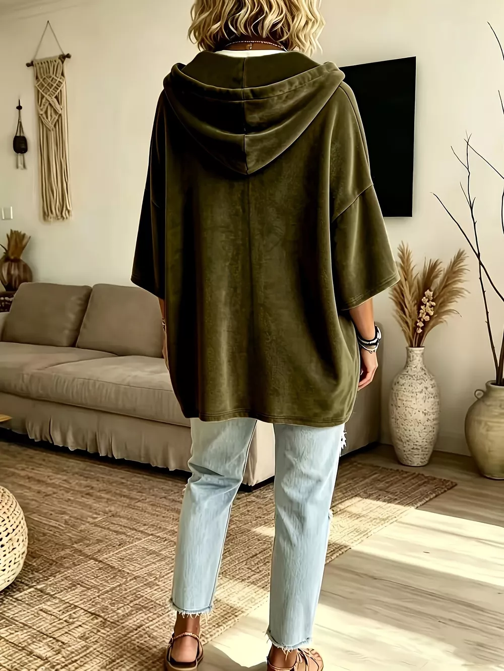Full Size Velvet Button Detail Drawstring Hoodie Plus Size, image 7