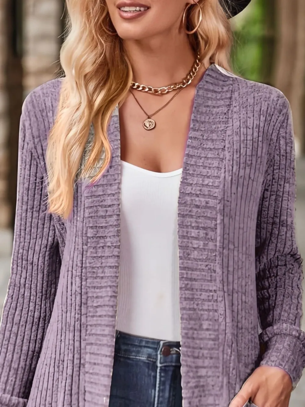 Ribbed Open Front Long Cardigan with Pockets, image 3