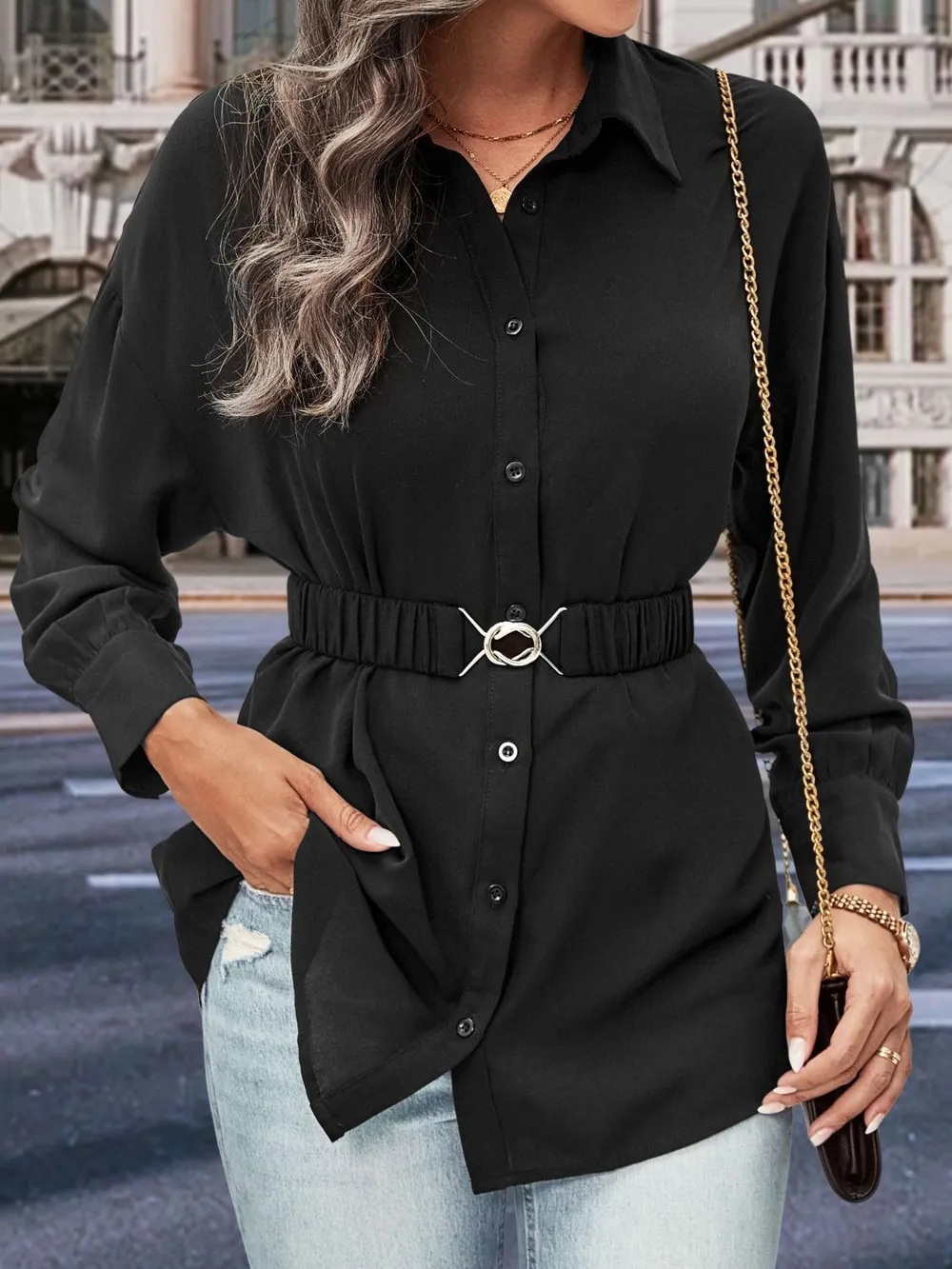Collared Neck Button Down Long Sleeve Shirt