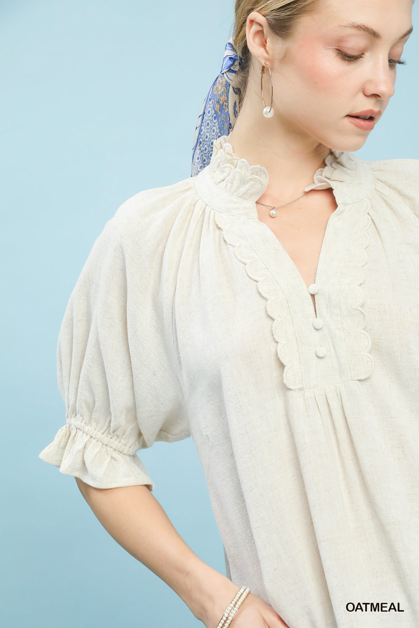 Linen Scalloped Ruffle Neck Blouse, image 3