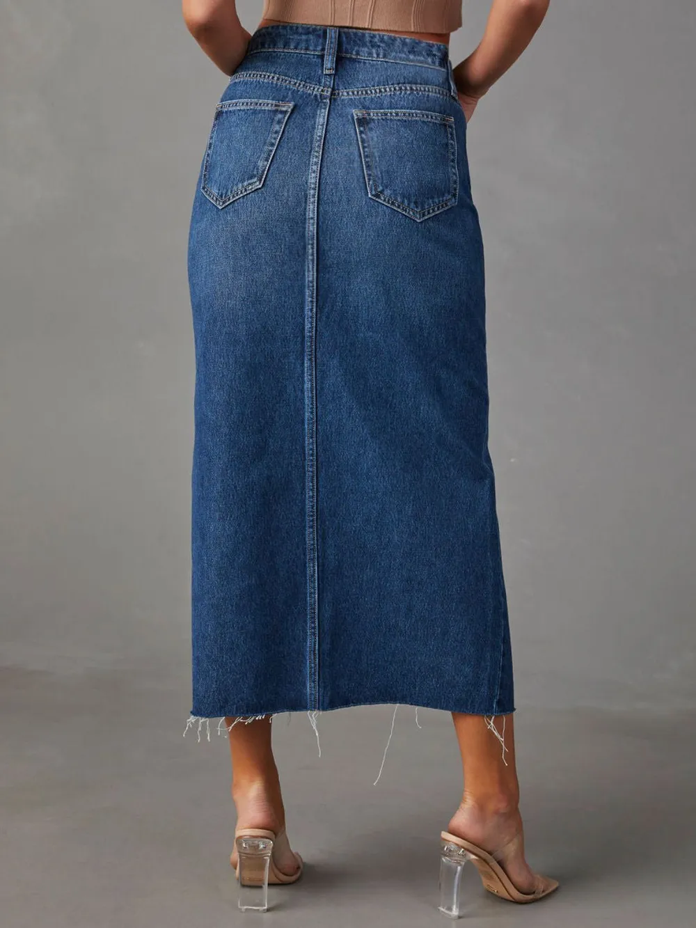 Raw Hem Front Slit Denim Midi Skirt, image 7