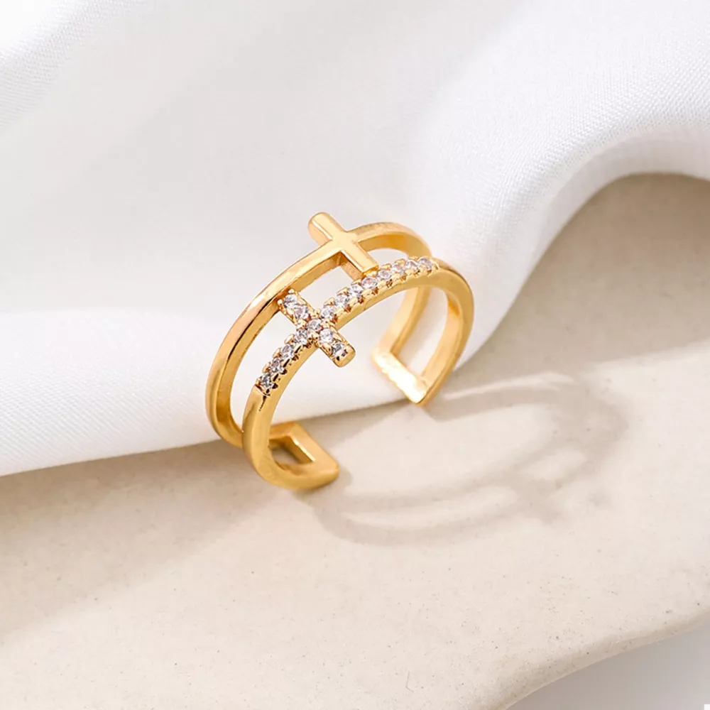 18K Gold-Plated Rhinestone Cross Open Ring, image 5