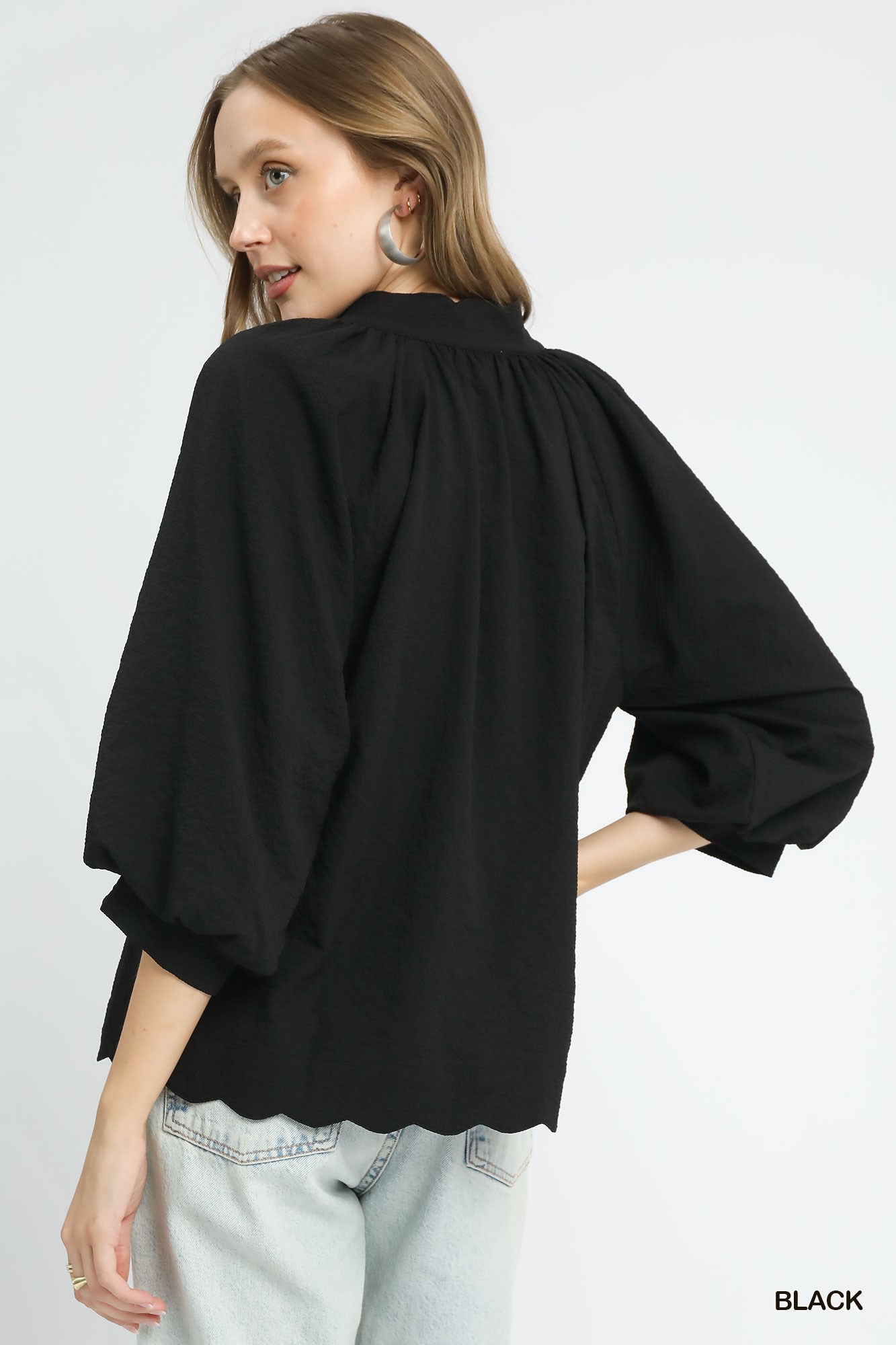 Full Size Textured Notched Balloon Sleeve Blouse Plus Size, image 4