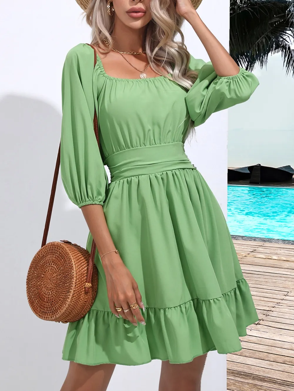 Tie Back Ruffled Hem Square Neck Dress, image 9