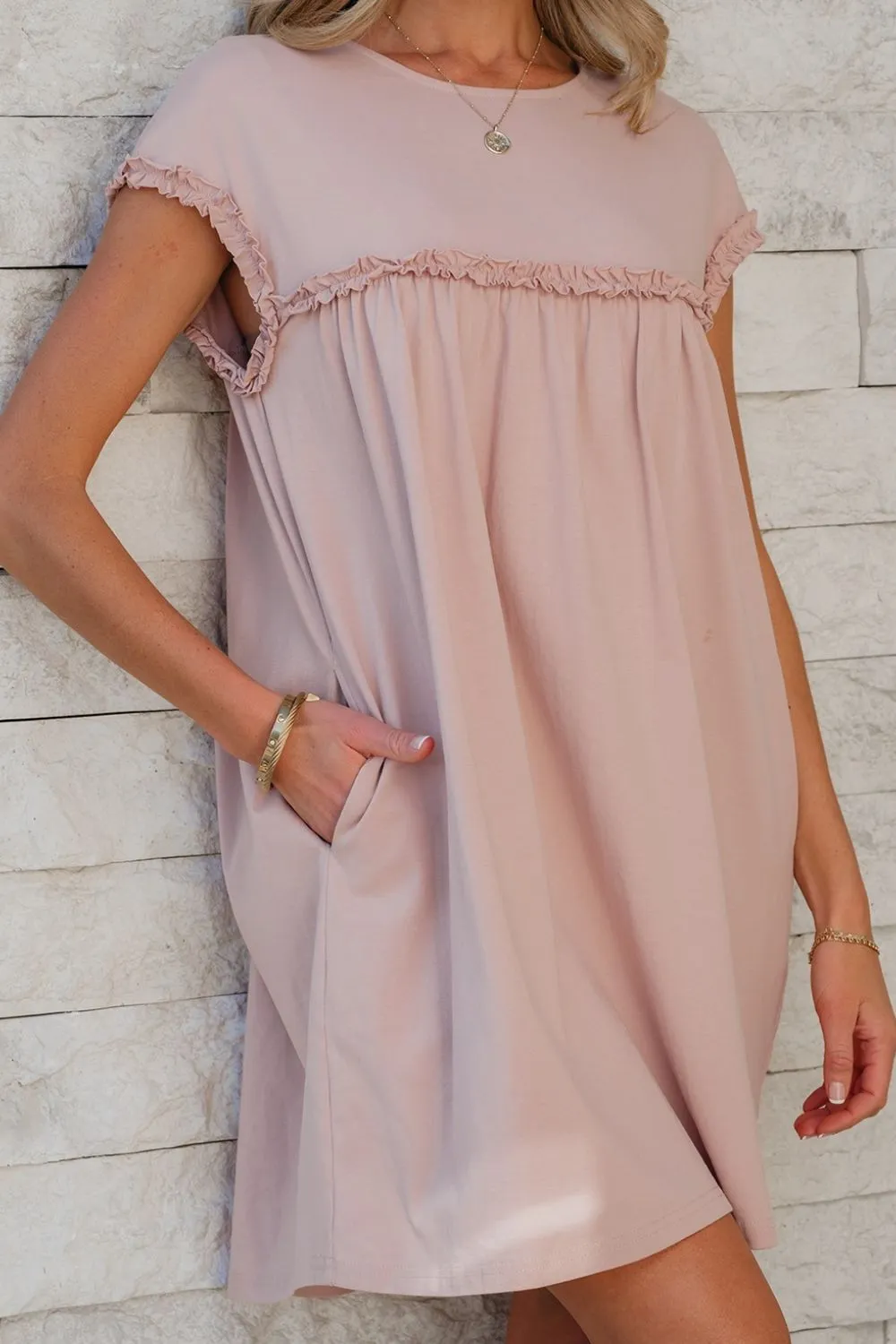 Frilled Trim Crew Neck Cap Sleeve Loose Fit Mini Dress, image 8