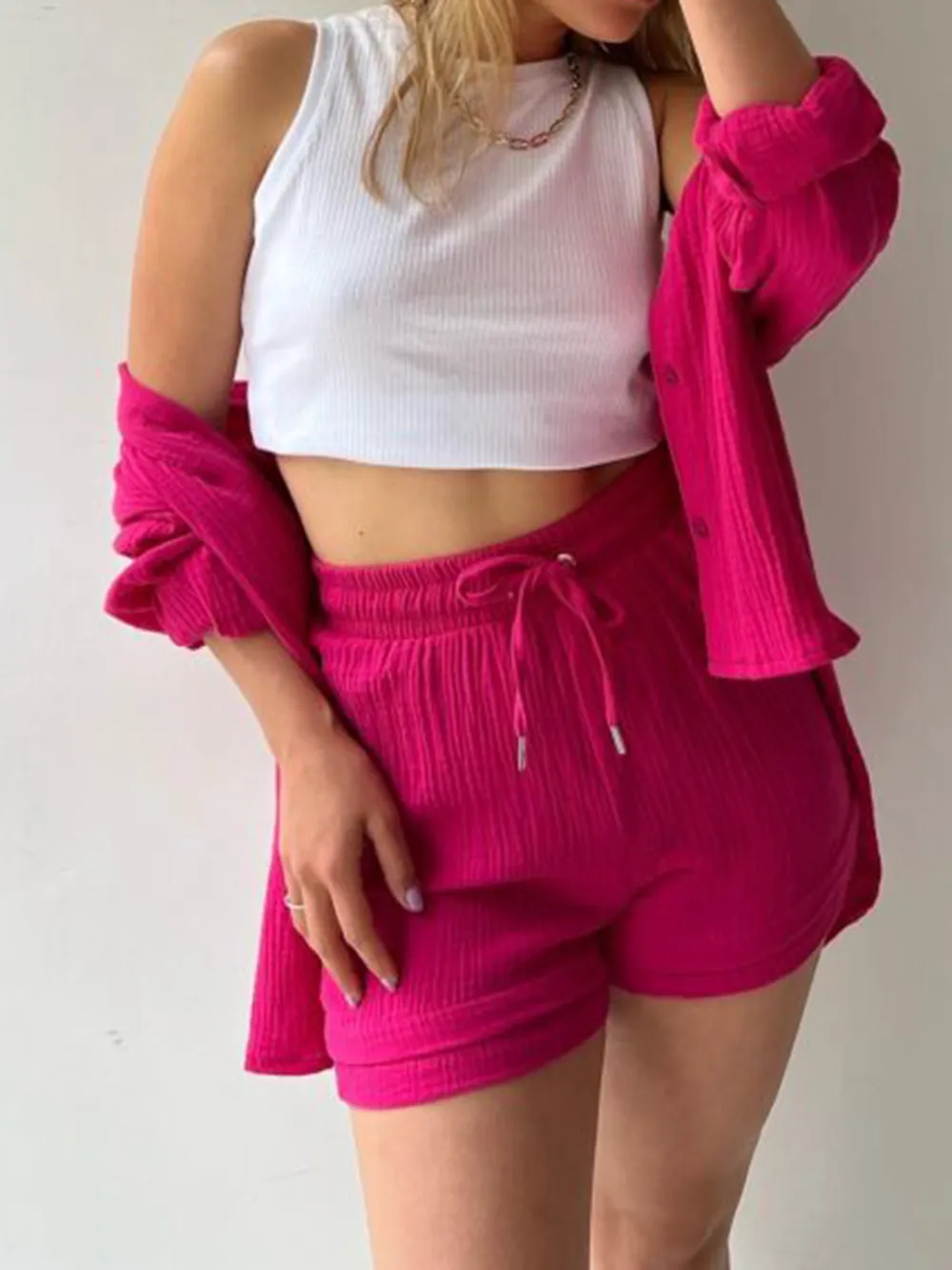 Texture Button Up Shirt and Drawstring Shorts Set, image 22
