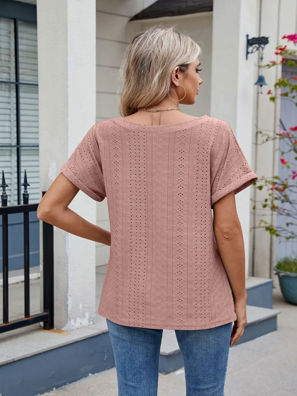 Eyelet Round Neck Short Sleeve Top, image 10