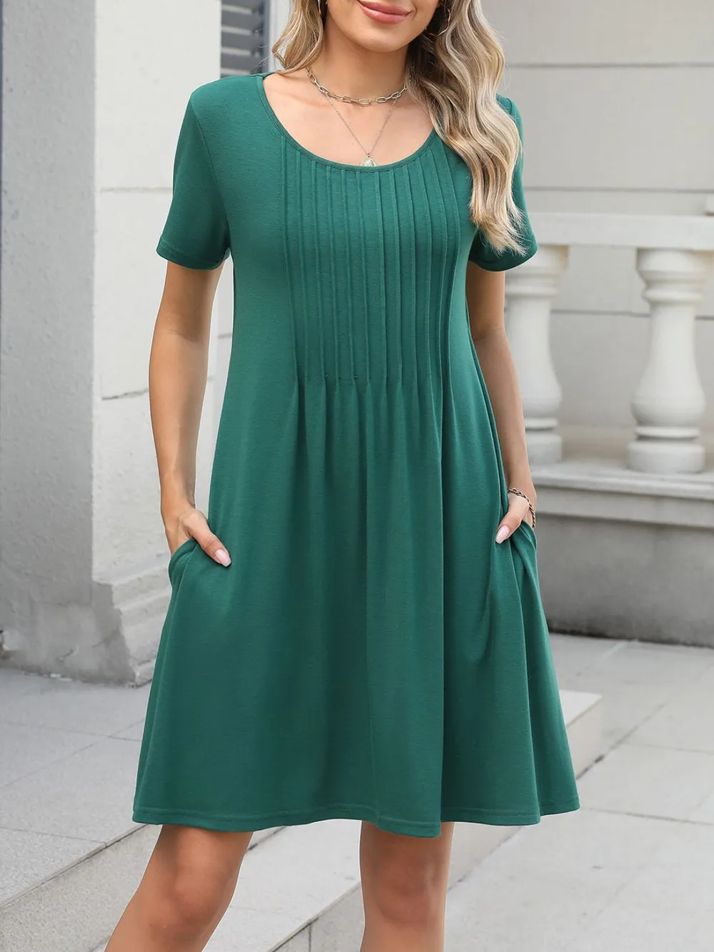 Pleated Front Round Neck Swing Dress, image 13