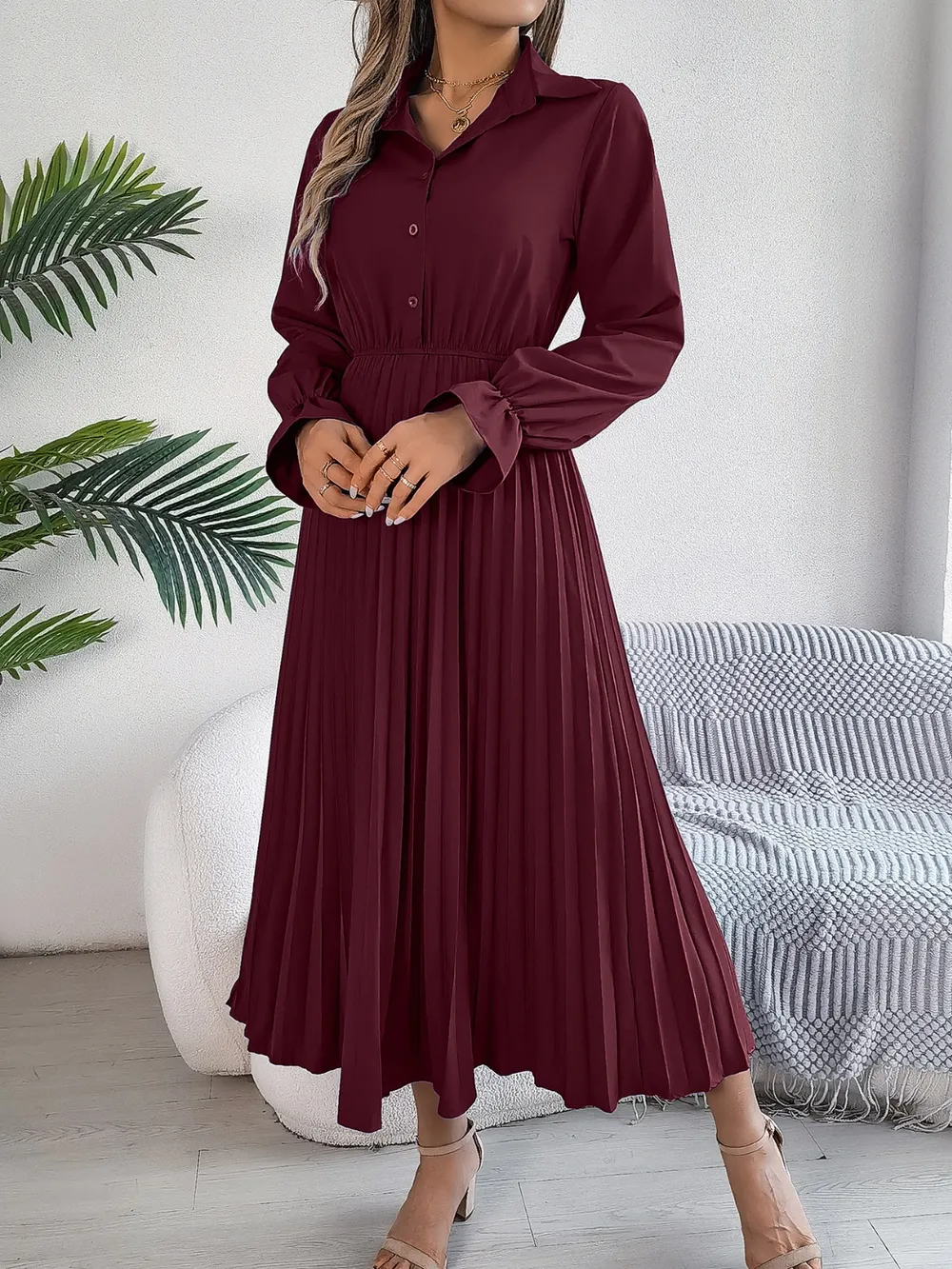 Pleated Half Button Long Sleeve Midi Dress, image 17