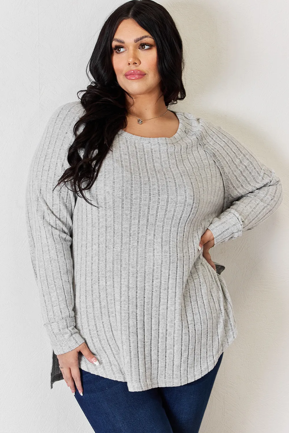 Full Size Ribbed Round Neck Slit T-Shirt, image 28