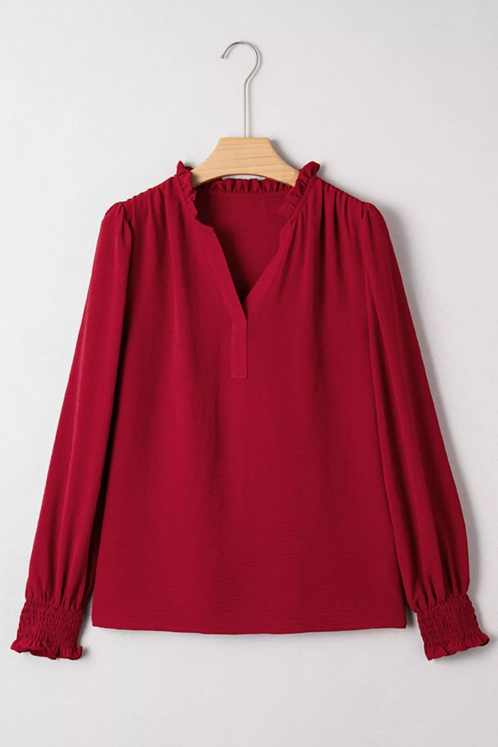 Notched Neck Shirred Cuff Long Sleeve Blouse, image 4