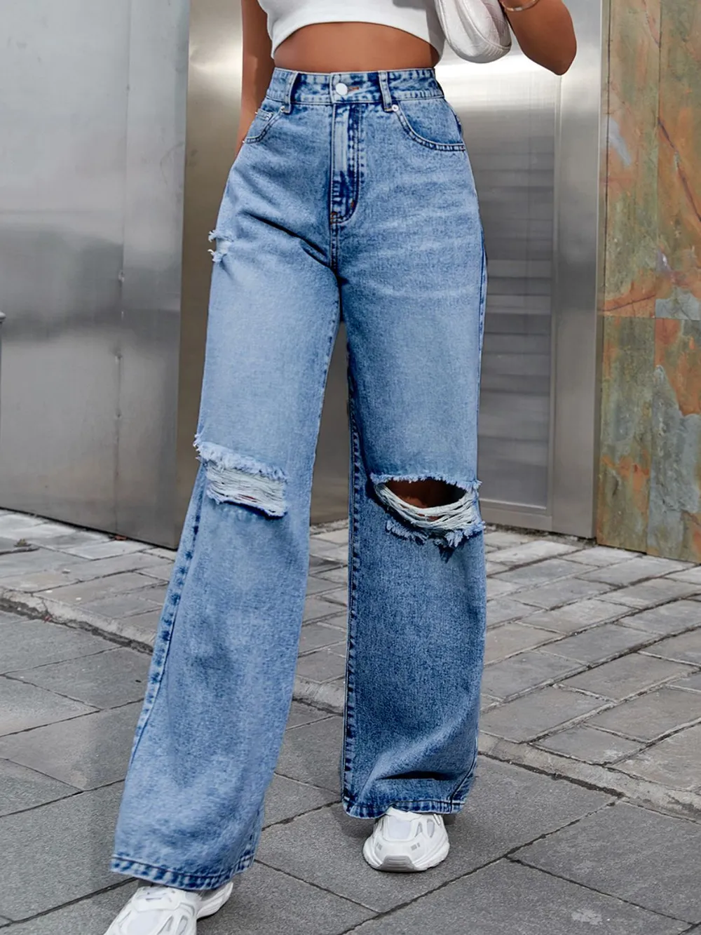 Distressed Wide Leg Jeans with Pockets, image 4