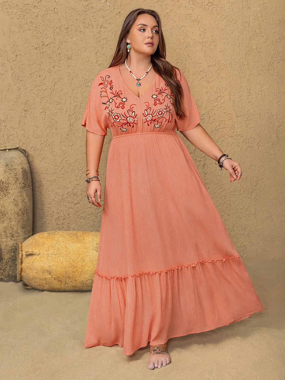 Plus Size Frill Embroidered V-Neck Half Sleeve Maxi Dress, image 7