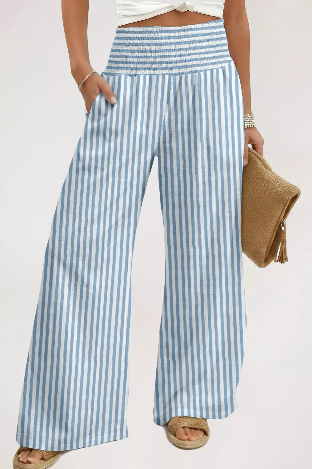 Striped Wide-Leg Pants with Smocked Waist, image 3