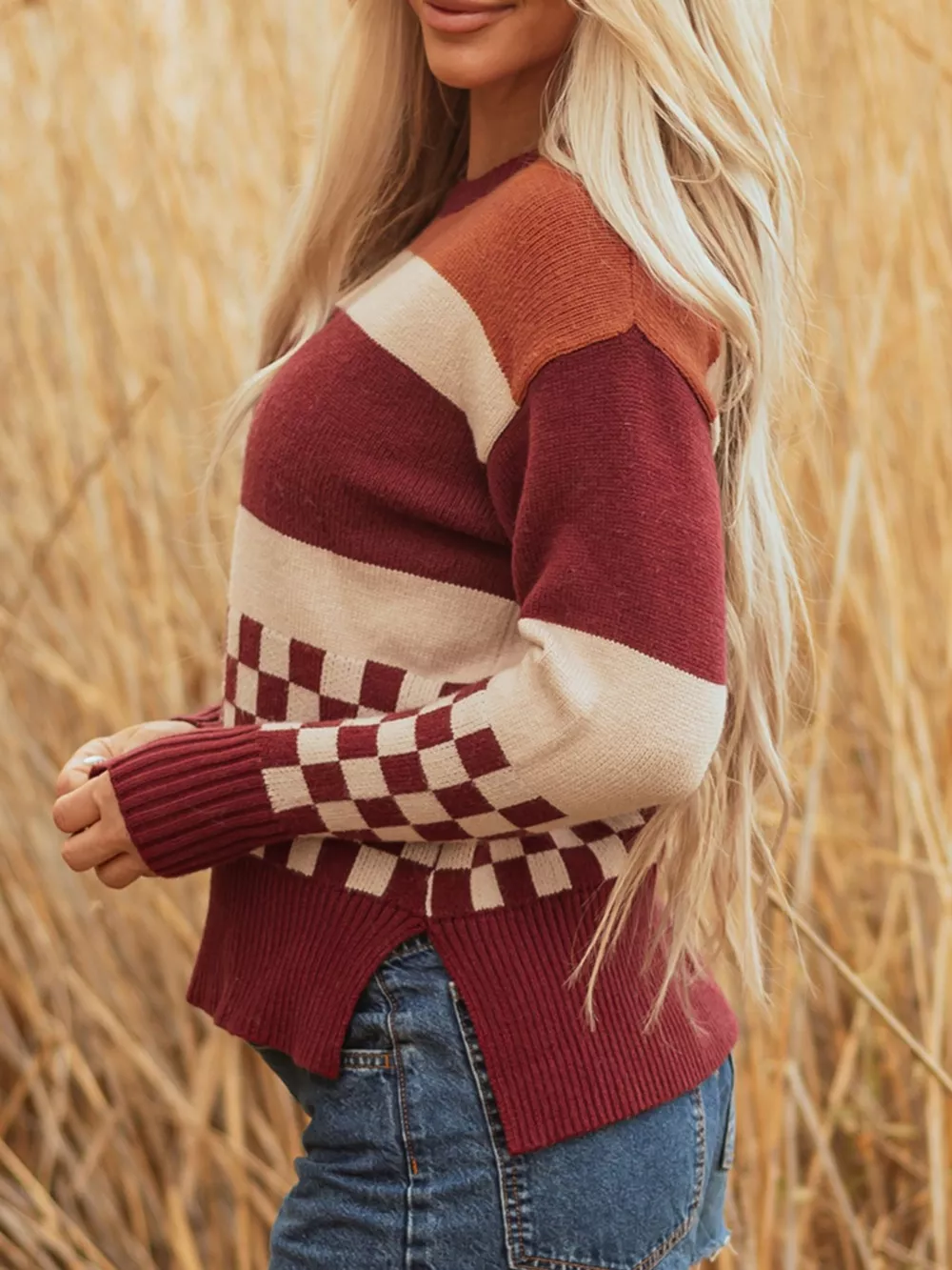 Checkered Color Block Knitted Drop Shoulder Sweater, image 4
