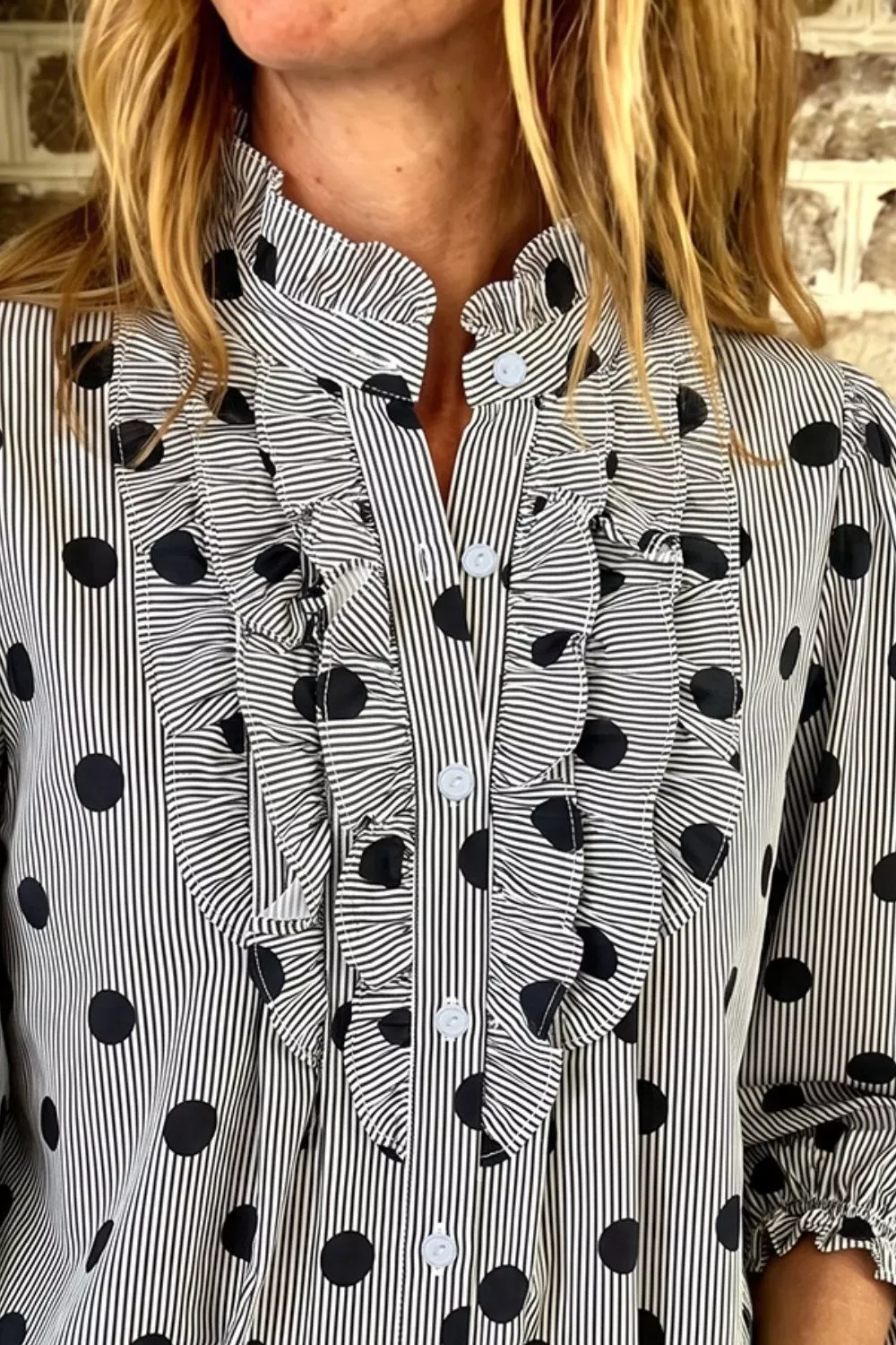 Polka Dot Ruffled Stand-Collar Shirt, image 6