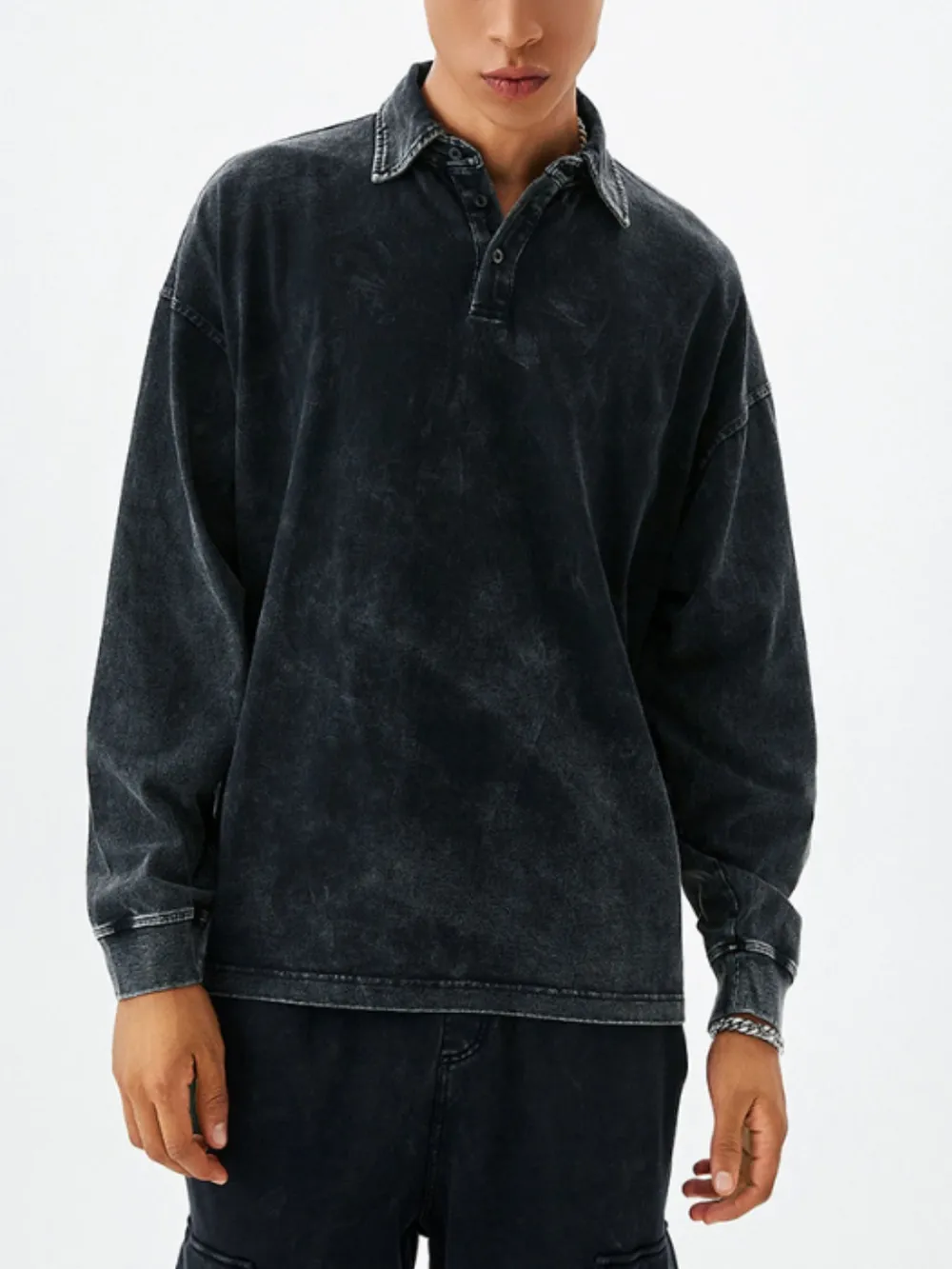 Men's Washed Long Sleeve Polo Shirt