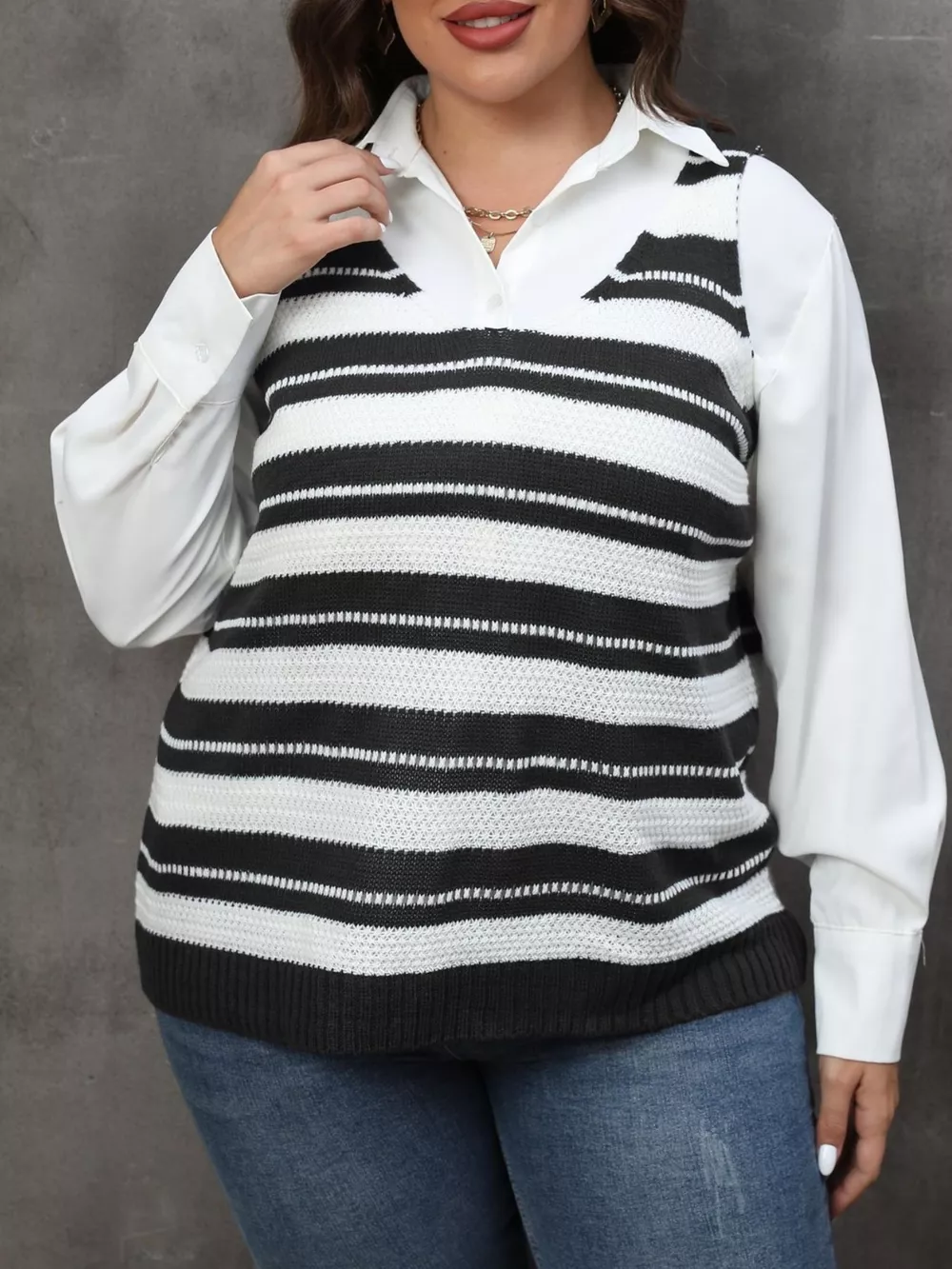 Plus Size Striped V-Neck Knit Sweater Vest