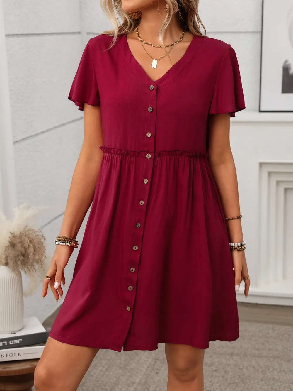 Button Front Flutter Sleeve Dress, image 21