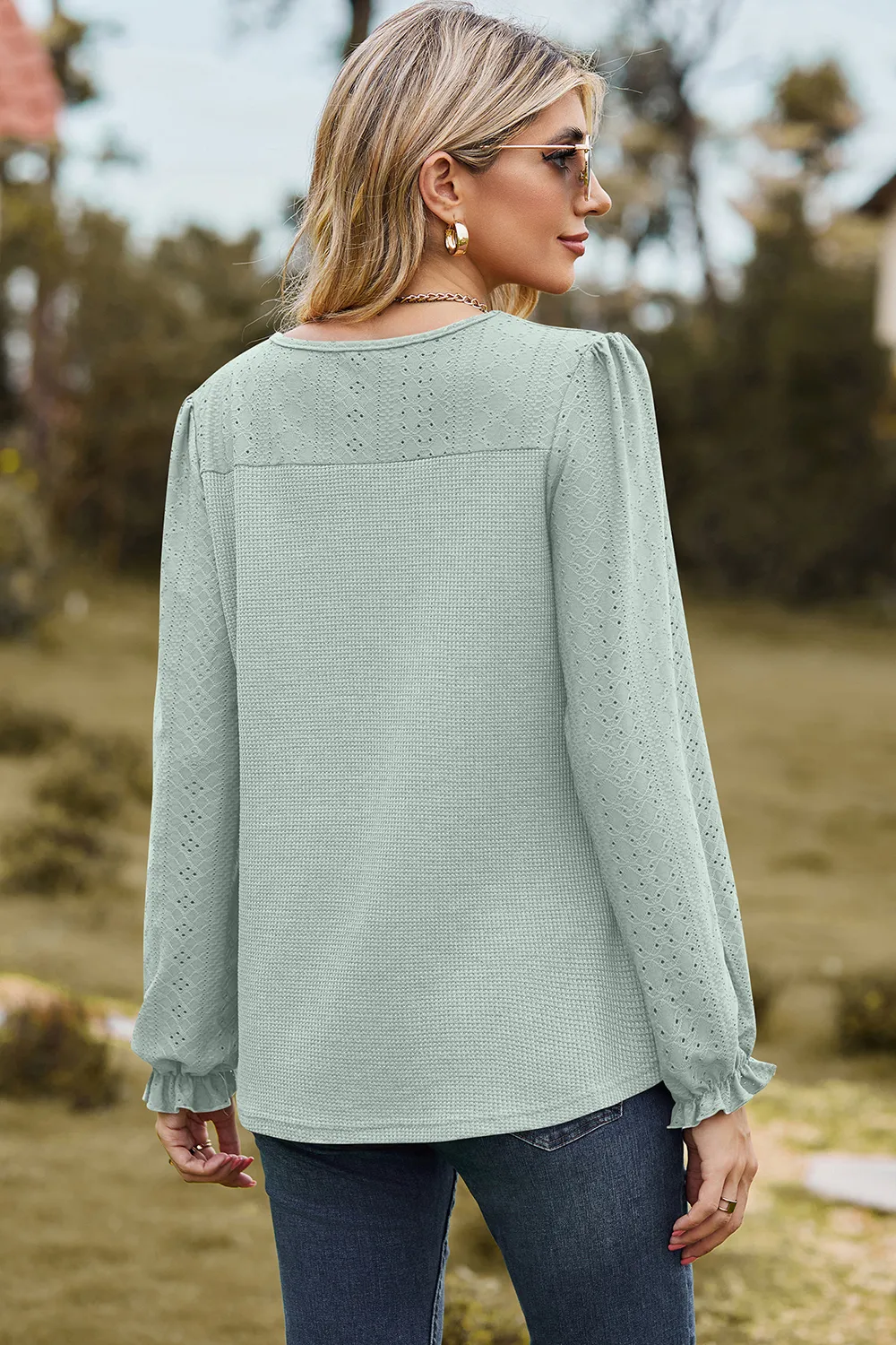 Eyelet Round Neck Flounce Sleeve T-Shirt, image 13