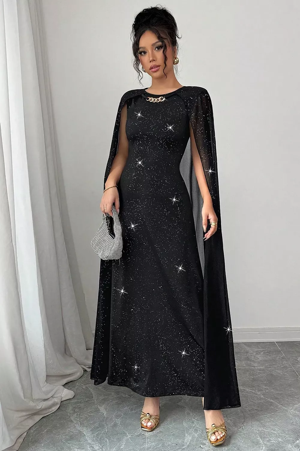 Glitter Cape-Sleeve Maxi Dress, image 4