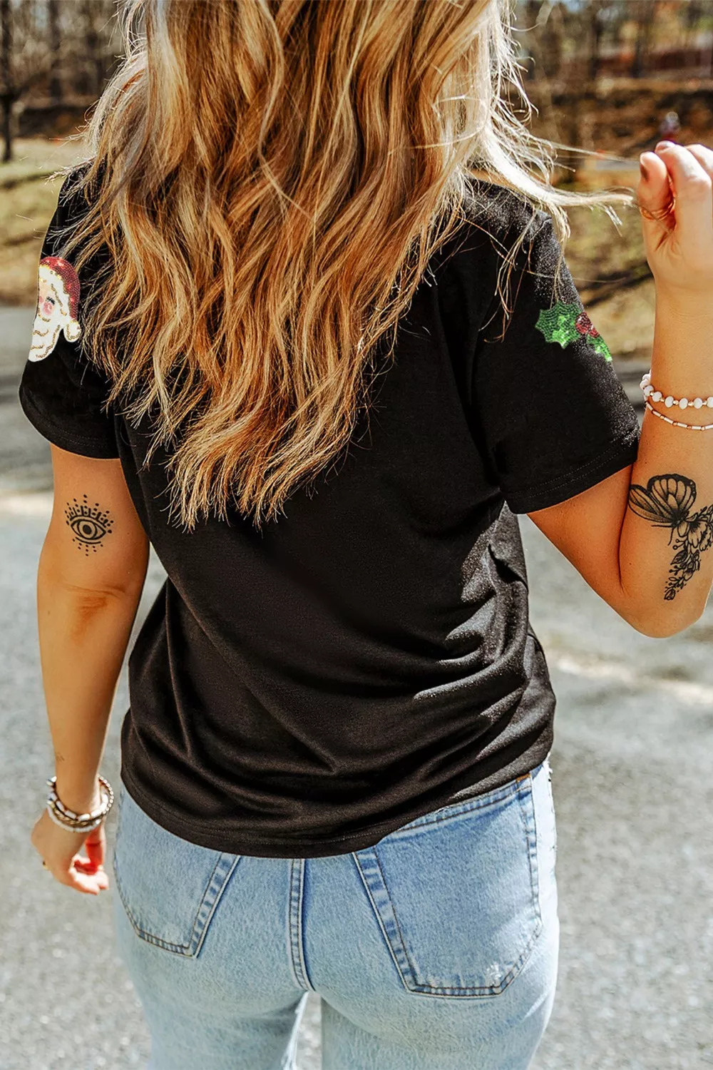 Christmas Holly Santa Claus Sequin Patched Graphic Tee, image 4