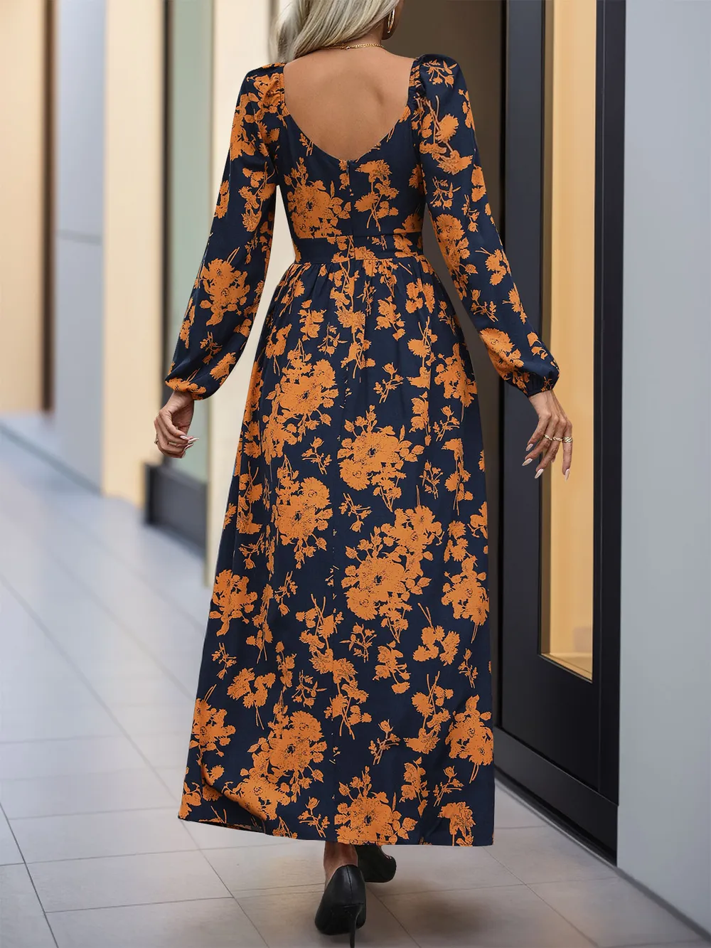 Split Printed Surplice Long Sleeve Midi Dress, image 4