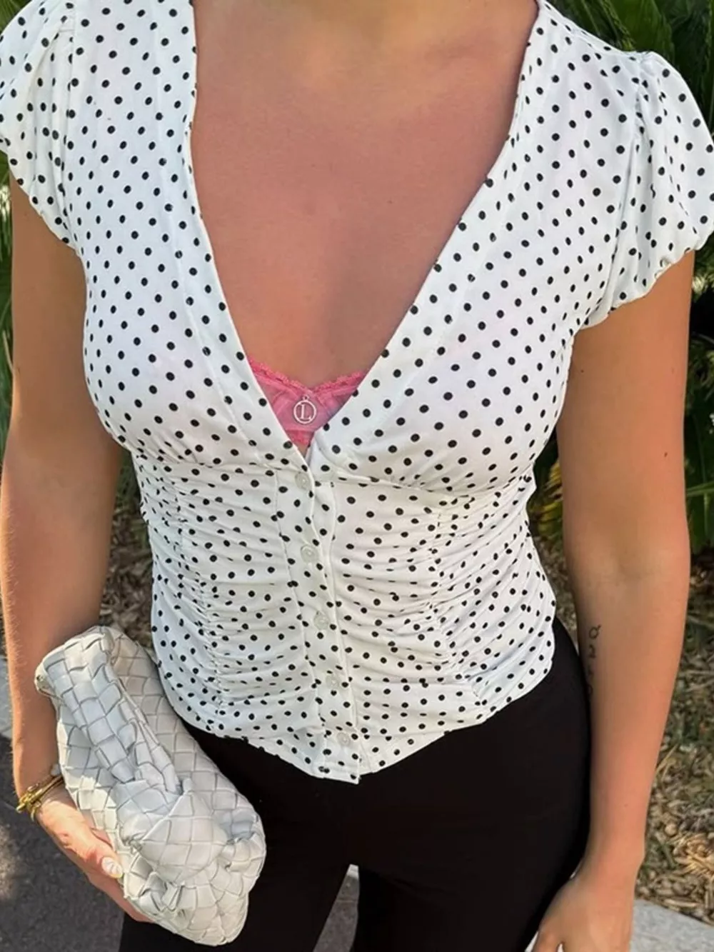 Polka Dot Ruched V-Neck Top, image 9