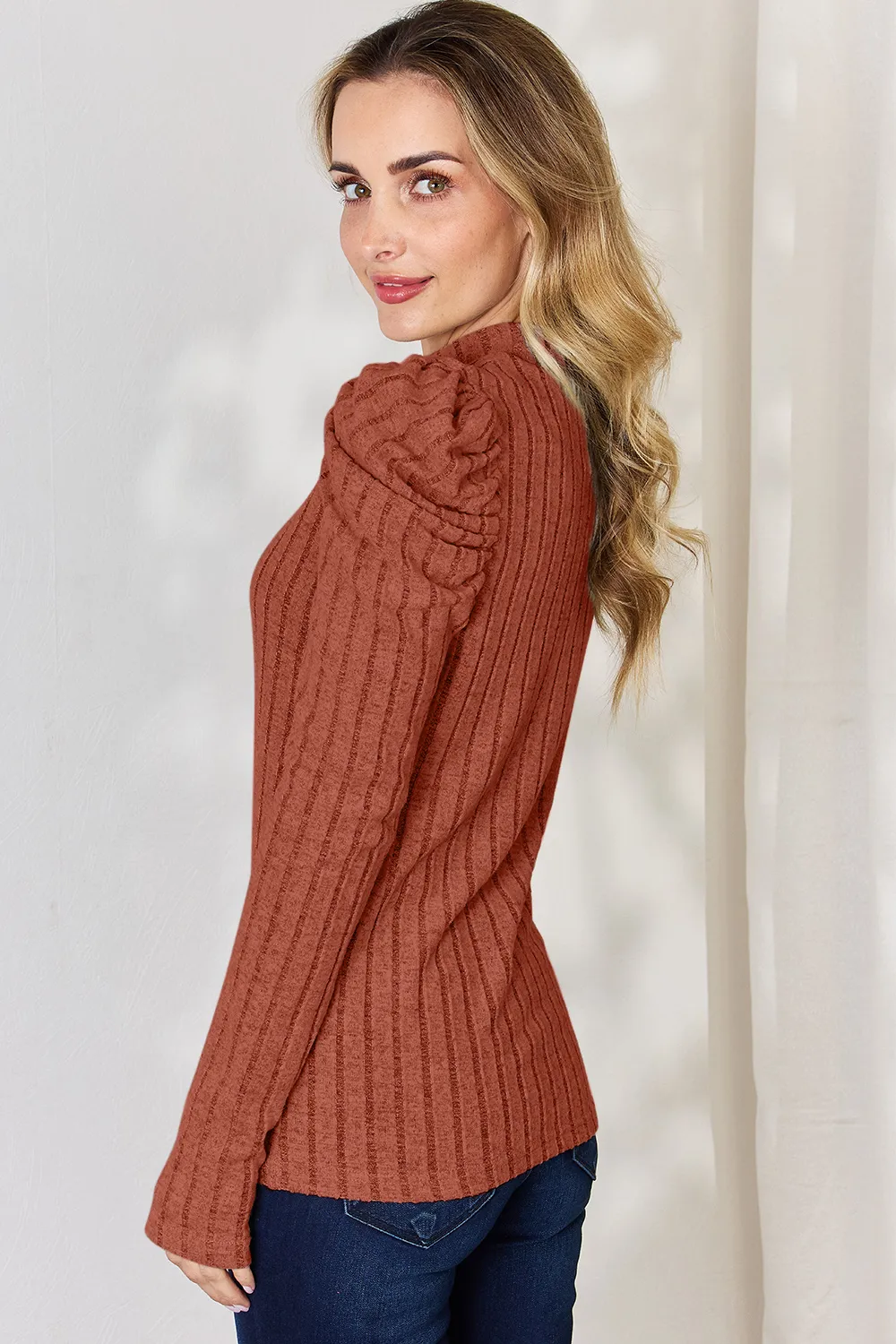 Full Size Ribbed Mock Neck Puff Sleeve T-Shirt, image 23