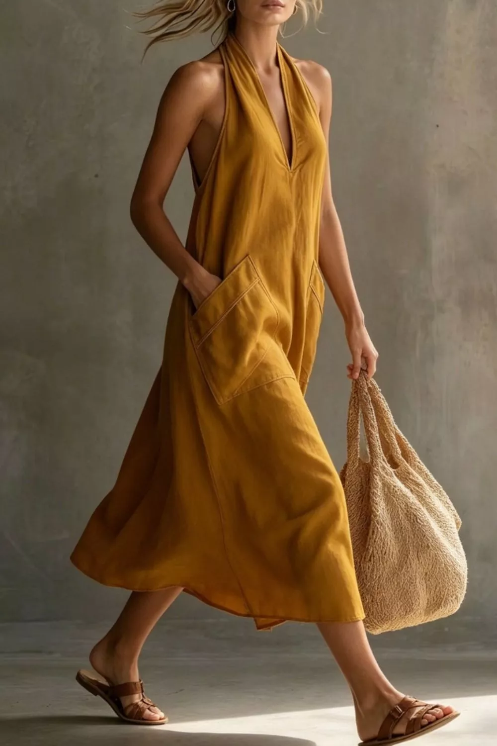 Casual Halter Neck Pocket Midi Dress, image 12