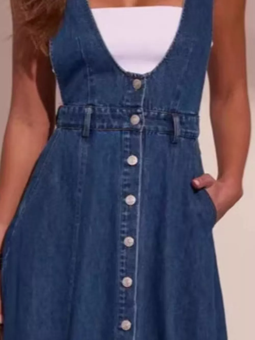 Button Front Denim Overall Midi Dress, image 4