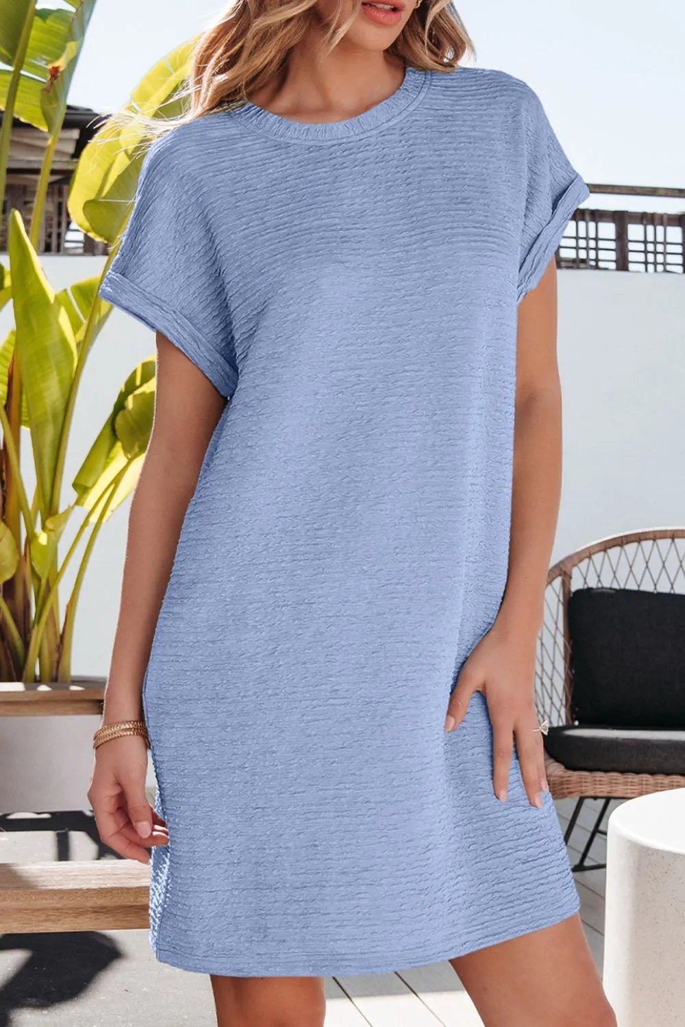 Solid Color Textured Crinkle Short Sleeve T Shirt Dress, image 12