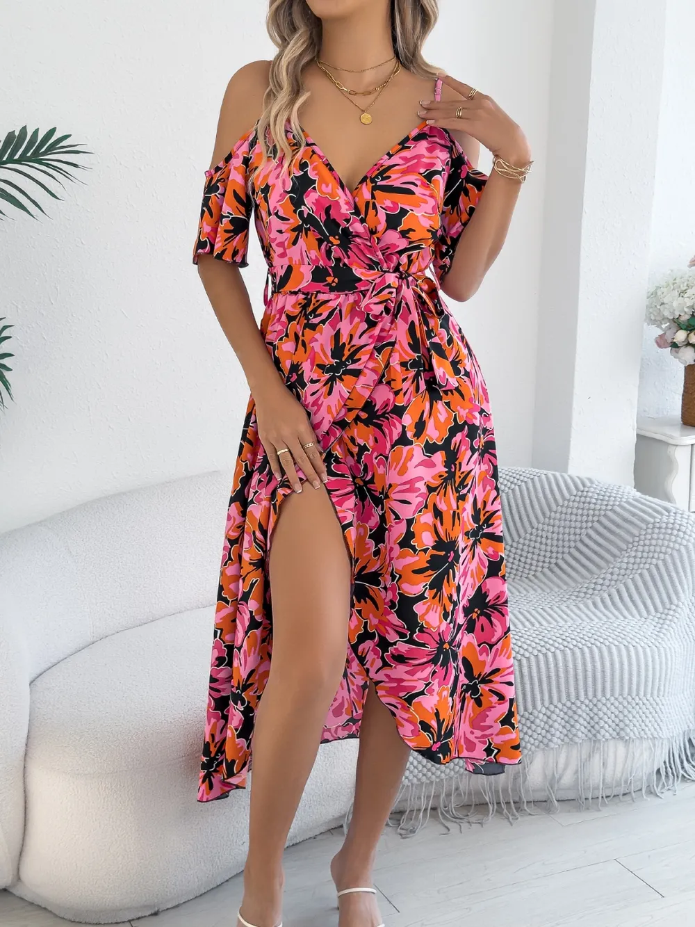 Printed Cold Shoulder Midi Cami Dress, image 9