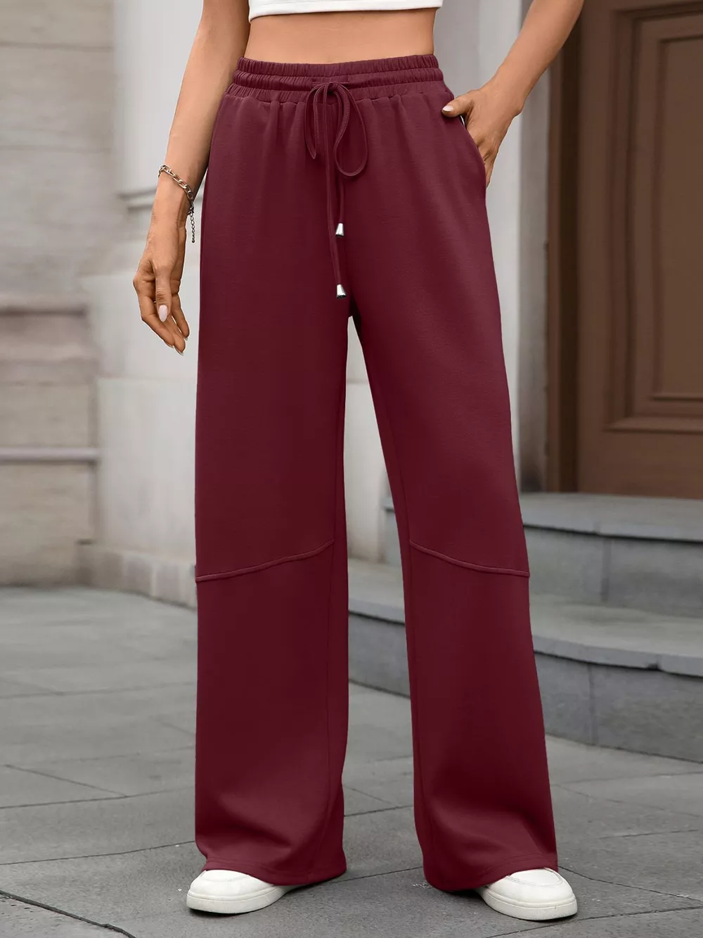 Drawstring High Waist Wide Leg Casual Pants, image 5