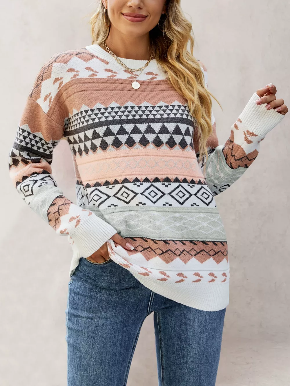 Geometric Pattern Round Neck Sweater, image 3