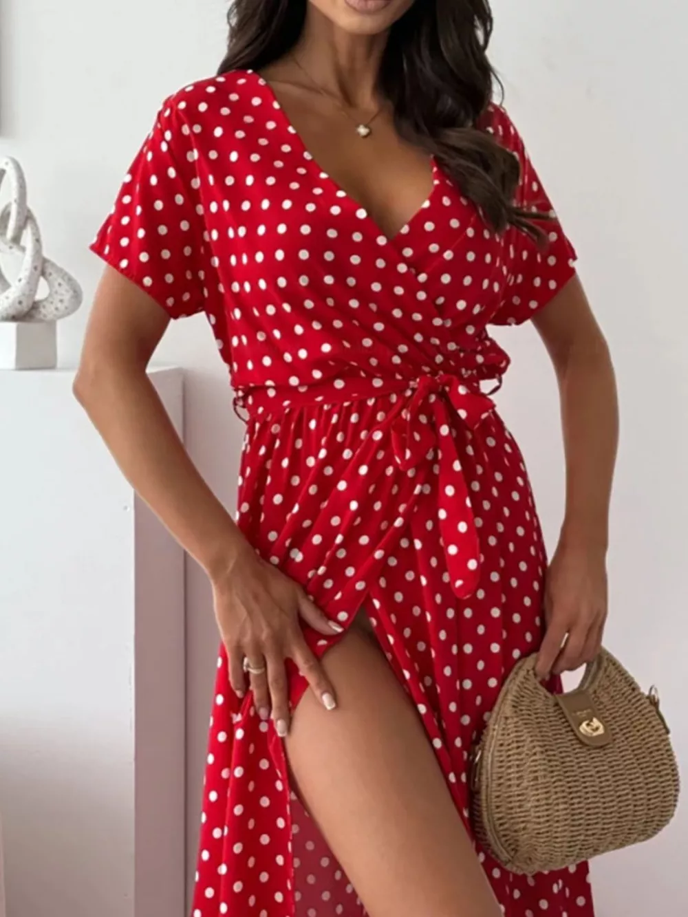 Polka Dot Surplice Maxi Dress with Slit, image 8