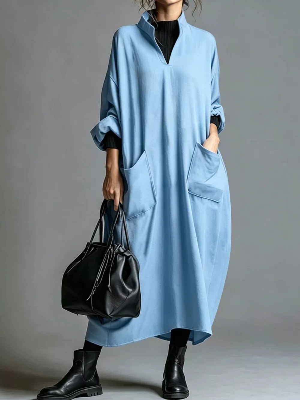 Full Size Loose-Fit Mock Neck Midi Dress with Pockets Plus Size, image 17