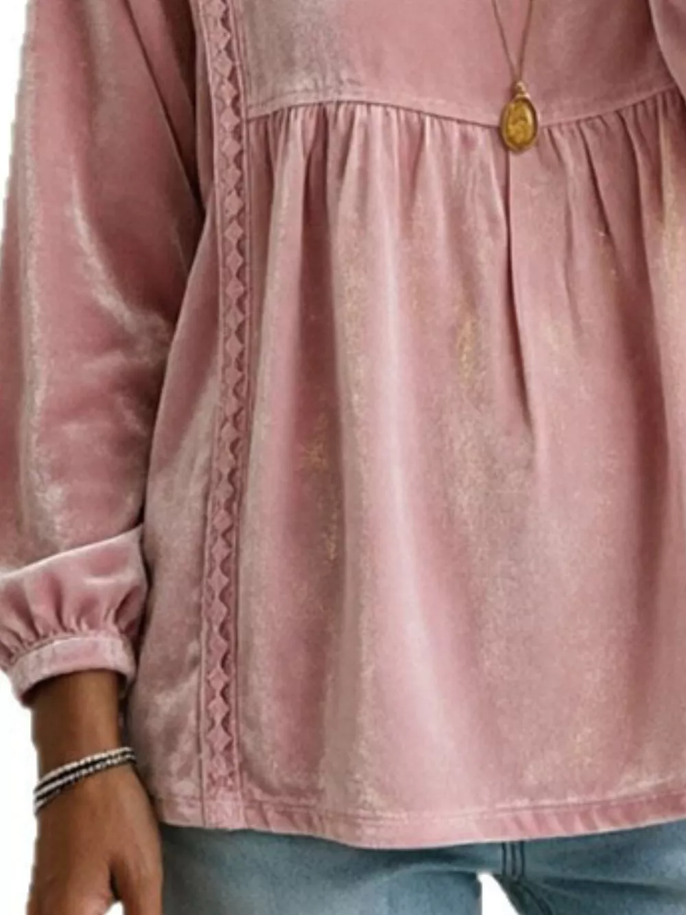 Full Size V-Neck Long Sleeve Velvet Blouse with Lace Trim Plus Size, image 10