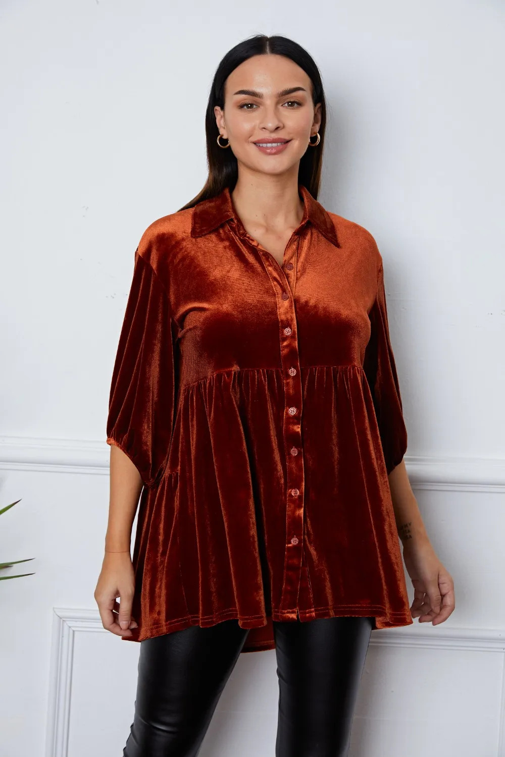 Velvet Tiered Button Up Collared Neck Shirt, image 18
