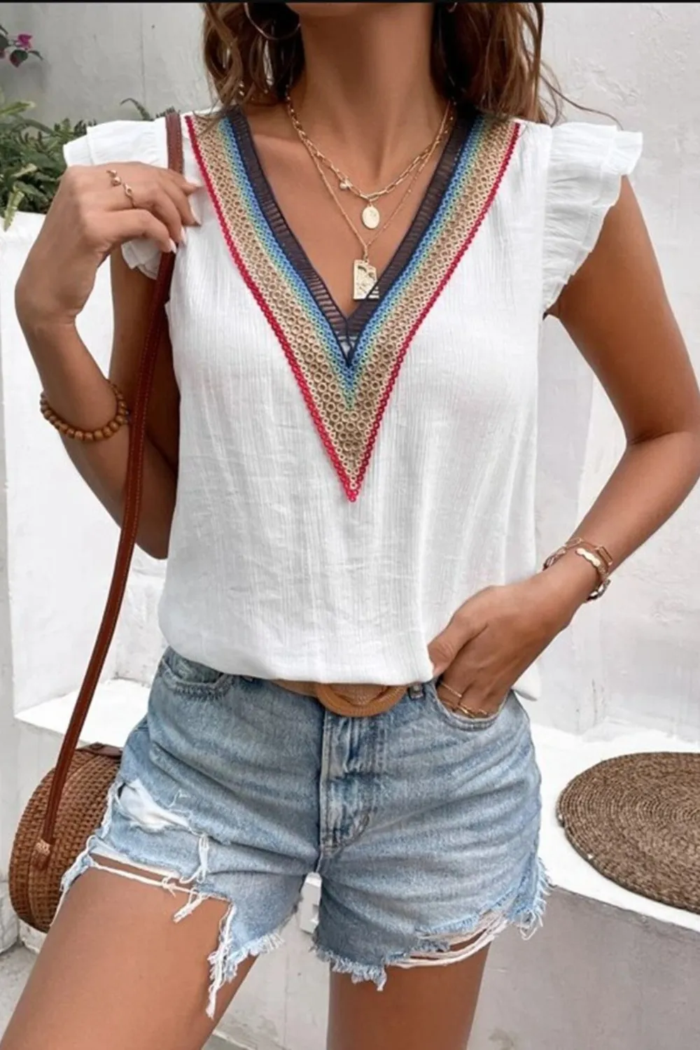 Full Size Ruffled V-Neck Cap Sleeve Blouse, image 5