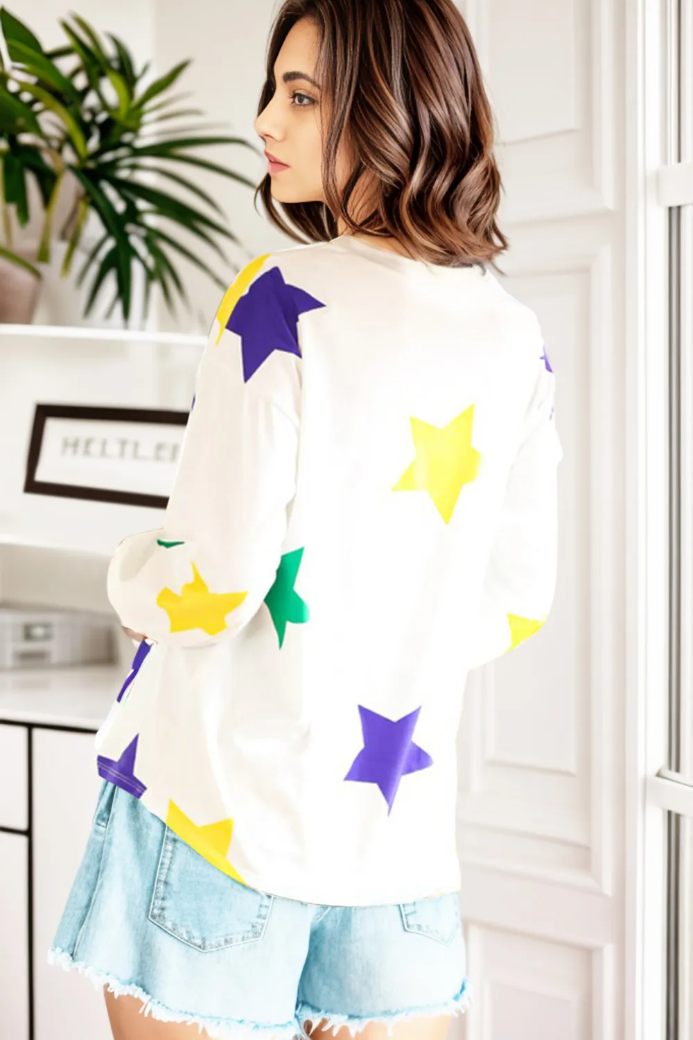 Star Print Round Neck Lantern Sleeve T-Shirt, image 2