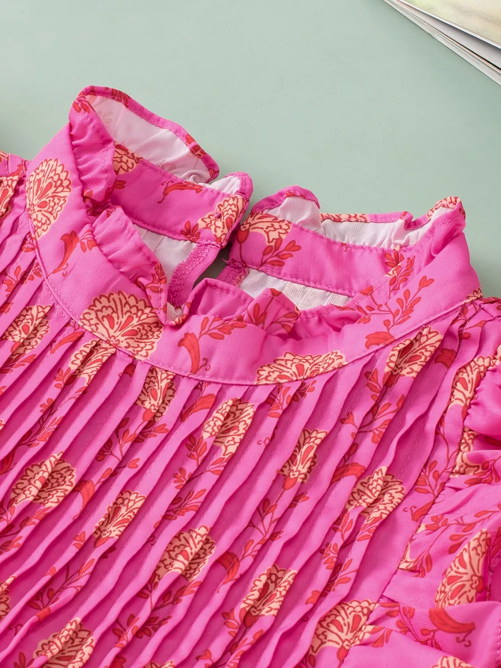 Floral Print Pleated Ruffled Flutter Sleeve Blouse, image 8